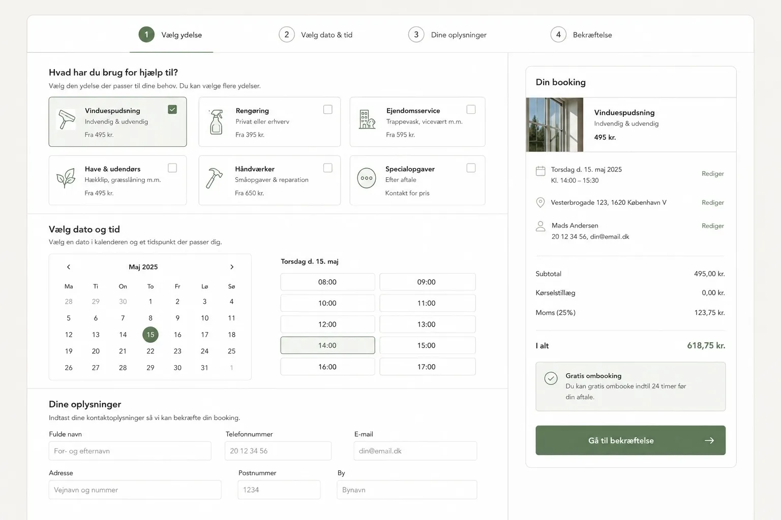 Eksempel på en kundeportal med selvbetjent booking